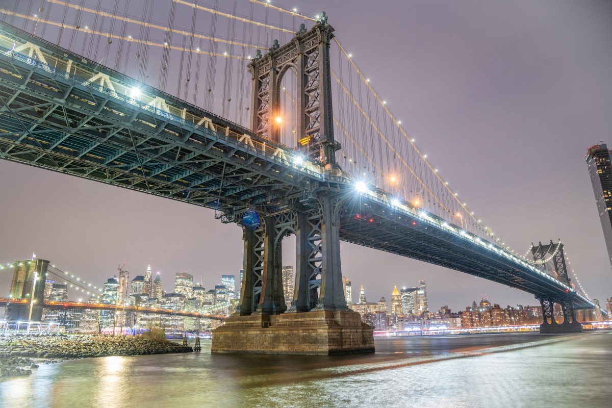 Amazing night view of Manhattan and Brooklyn Bridge at night, winter season, New York City