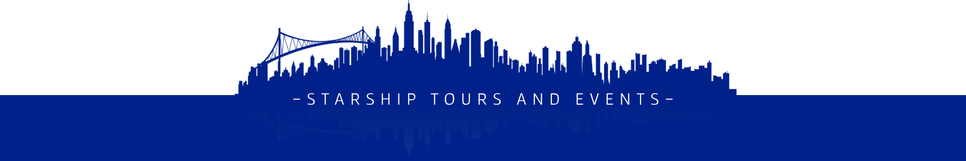 Silhouette of a city skyline above text 'Starship Tours and Events' on a blue background.