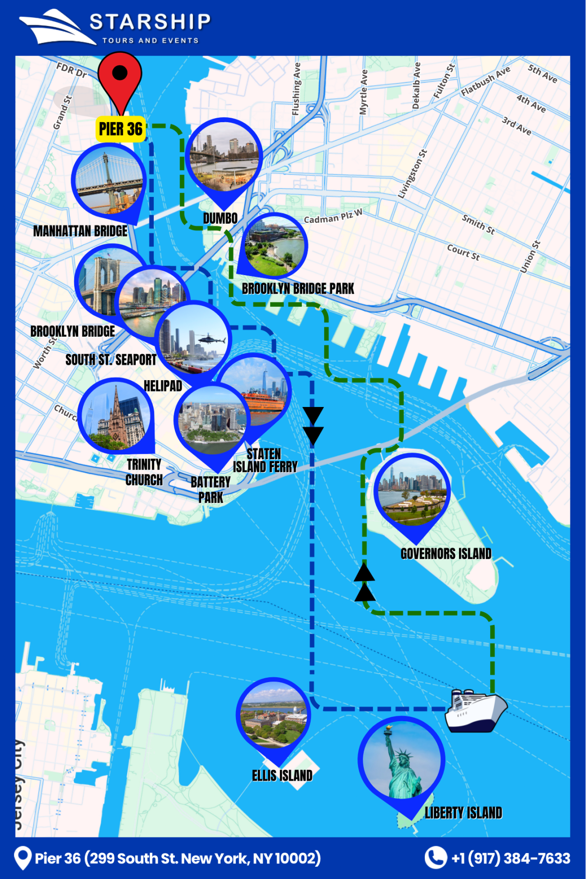 Map of NYC attractions and ferry routes near Pier 36, including bridges and islands.